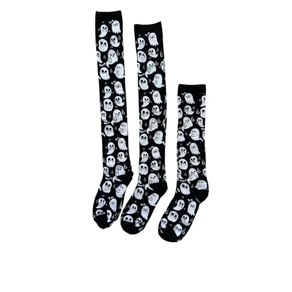 Ghost Socks 3 Pair Unisex Lot Black White Halloween Spooky Goth Tall Socks